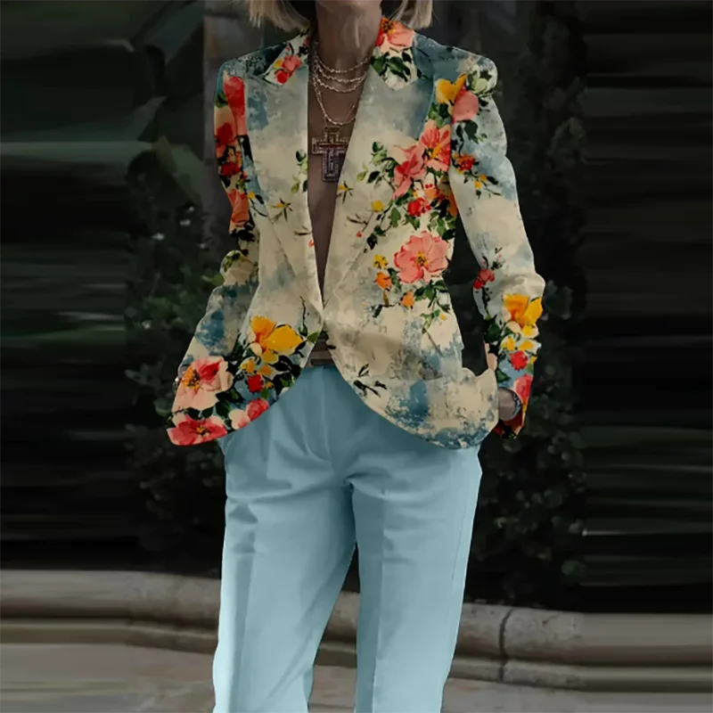 🍒Womens casual suits two piece loose pants set womens lapel long sleeve jacket and trouser set floral fashion pattern print outfit  Look Like Your On A Shoot In A Fruity Suit