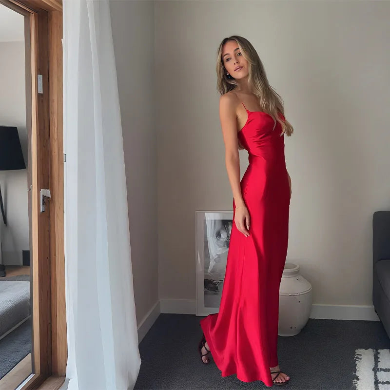 🍒Satin halter dress maxi spaghetti straps sweet heart sleeveless dress red backless  outfit for evening party wear occasion clothing red Satin Passion Fashion