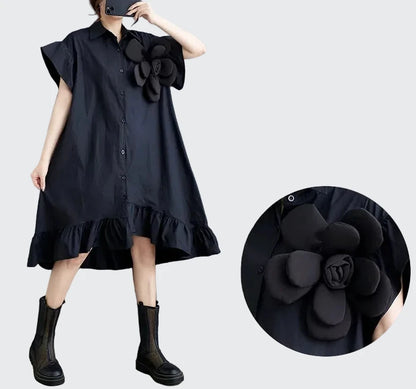 🍒Summer loose dress artistic high low ruffle trim outfit with 3D flower cotton blend office smart casual women mid-length a-Line Don’t Get Ruffled Pick A Flower And Ease lnto Summer
