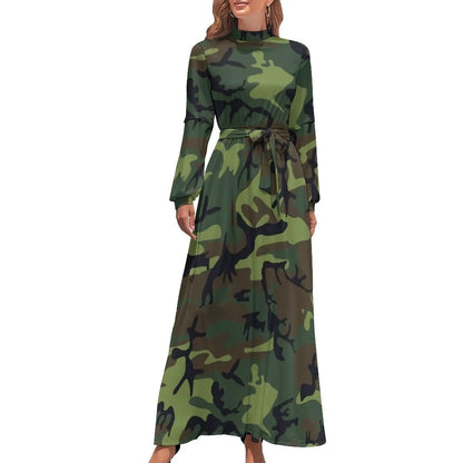 🍒Military camoflauge dress high waist outfit bohemian chic long-sleeve maxi stylish smart casual clothing women Camodel Camo