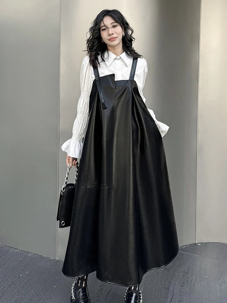 🍒Black faux leather dress big swing size midi spaghetti strap square neck outfit pu shiny with seeveless occasion party wear clothing smart casual women Black Swirly Pearl