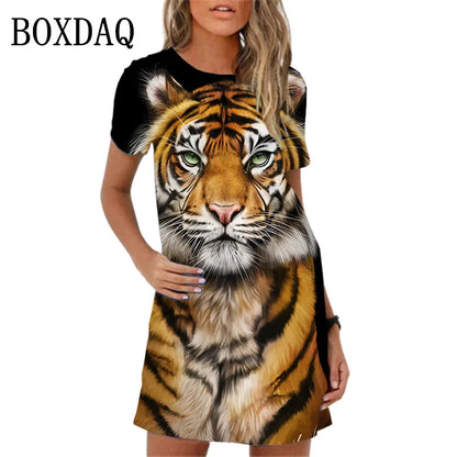 🍒Fashion mini dress tiger print short sleeve summer outfits casual oversized a-line mini outfit casual womens animal clothing Tick A Tigger