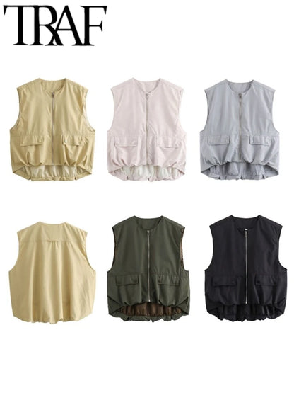 🍒Cargo style vest oversized light jacket o neck spring zipper pocket waistcoat female fashion crop top Y2K casual clothes Spring To This Zipper
