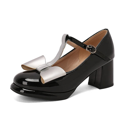 🍒T strap high heels round toe pumps women low platform shoes plus size available bow footwear for party wear wedding t-bar for special occasions Footwear With A Bow On IT