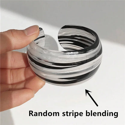 🍒Black and white striped wide bangle thick resin C shape open cuff bangle for women suitable holiday costume jewellery