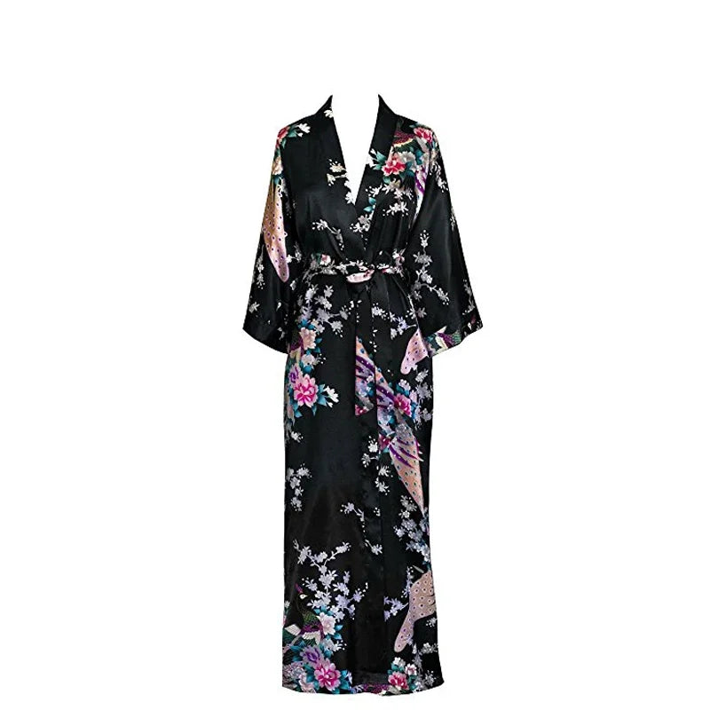 🍒Satin robe women plus size  with flowers peacock print kimono lounge gowns for women bride bridesmaid wedding bathrobe silky nighrwear Sittin' Satin Style
