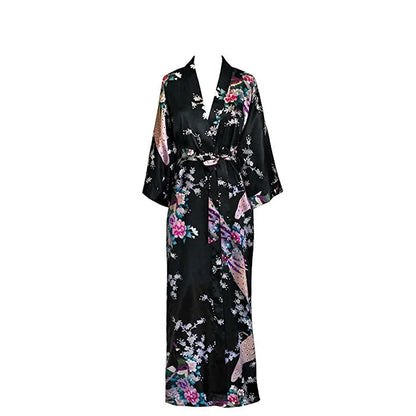 🍒Satin robe women plus size  with flowers peacock print kimono lounge gowns for women bride bridesmaid wedding bathrobe silky nighrwear Sittin' Satin Style