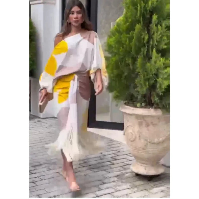 🍒Summer dress two piece set printed lantern sleeve top women with tassel hem and fitted a-line skirt smart casual wear party occasion outfit No Tossling With This Tassel
