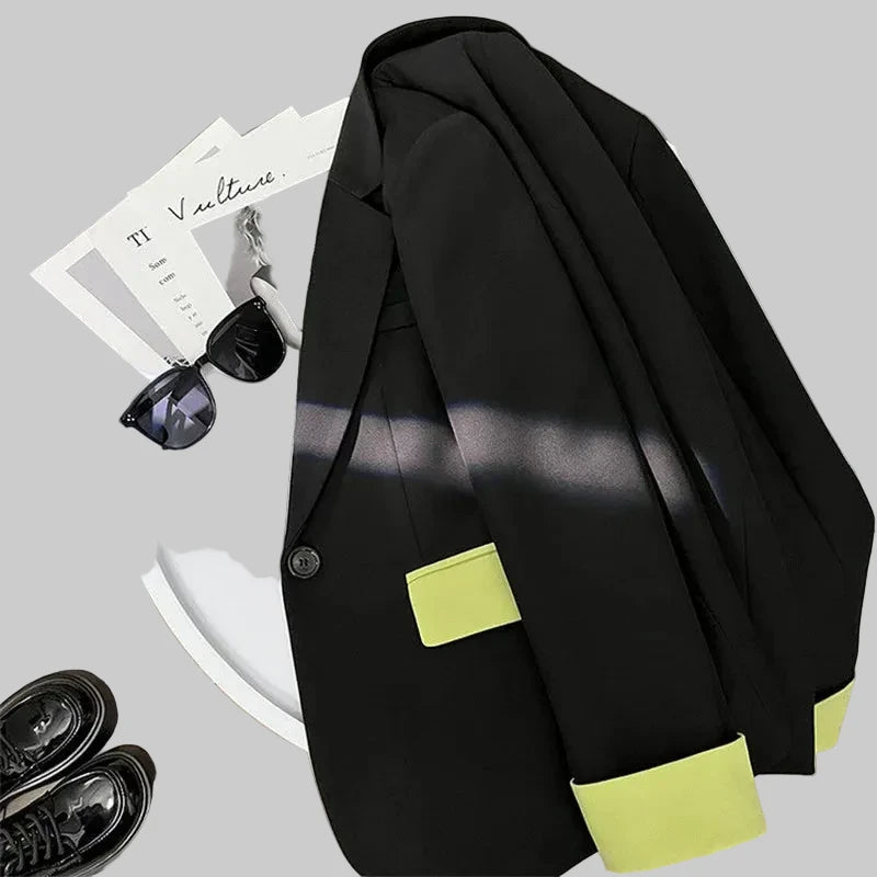 🍒Fashion blazer jacket spring autumn long sleeves black jacket contrast patchwork office cothes for women outerwear smart casual suit coat female chic fashion   Turn Up In Your Contrast