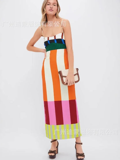🍒 Colourful High waist maxi  striped dress fashion smart casual elegant party occasion wear long outfit women spaghetti strap bohemian summer fashion wear Their Will Be Double Takes With This Four Stripes