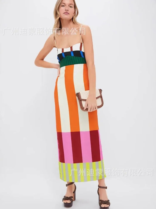 🍒 Colourful High waist maxi  striped dress fashion smart casual elegant party occasion wear long outfit women spaghetti strap bohemian summer fashion wear Their Will Be Double Takes With This Four Stripes