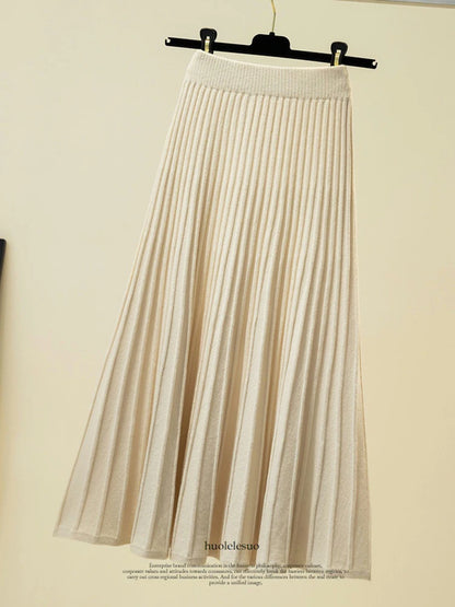 🍒Knitted skirt pleated long thick fabric vintage style clothing  high waist skirt outfit casual ribbed female solid fashion Get knitted To Wool