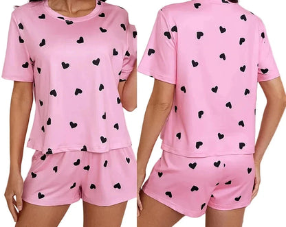 🍒Women's Love heart sleepwear set print knit fashion heart print top soft short sleeve top and shorts sleepwear set for comfortable home wear lounge wear  Light Hearted Fun