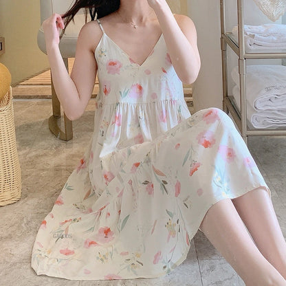 🍒Sleeveless night dress for Women breathable viscose cotton camisole nightie floral  night dress loungewear summer wear holidaywear nightwear Fresh Florals