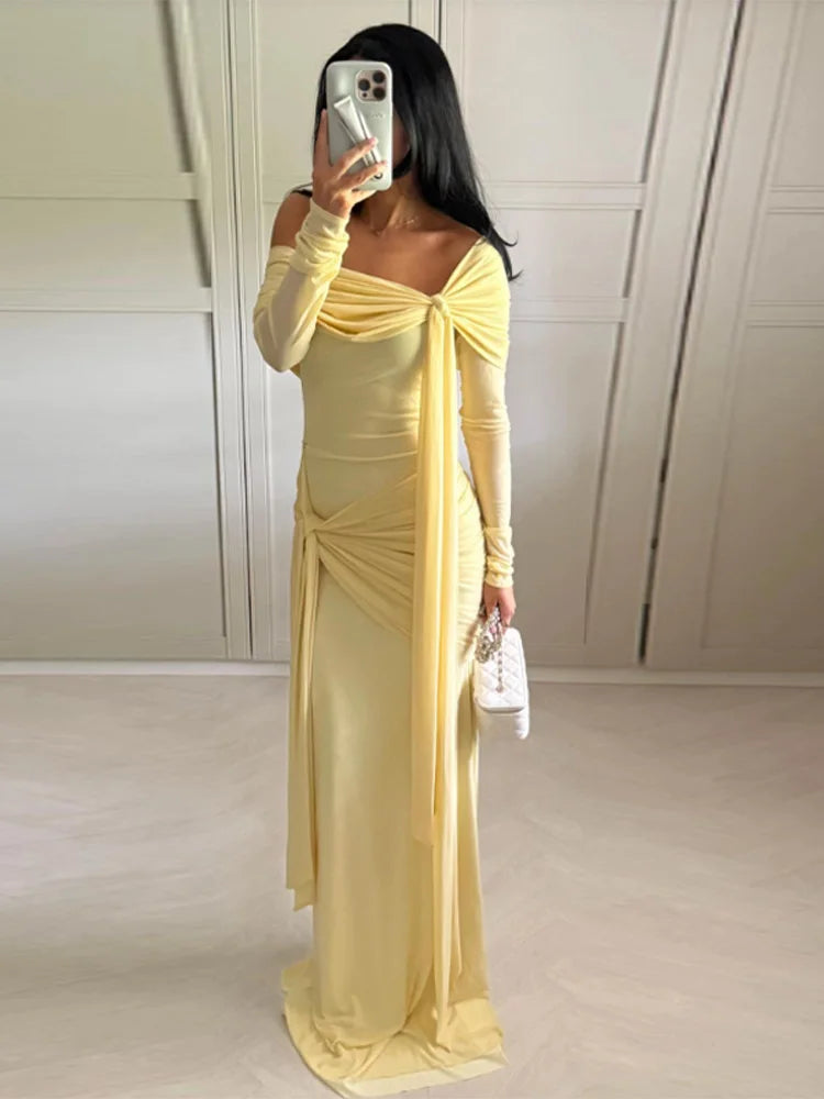 🍒Solid pleated off shoulder maxi dress elegant summer clothes women long sleeve party dress chic occasion wear Get Sun Drenched