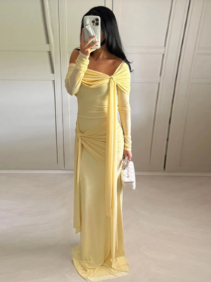 🍒Solid pleated off shoulder maxi dress elegant summer clothes women long sleeve party dress chic occasion wear Get Sun Drenched