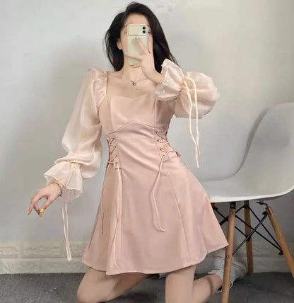 🍒Pink dresses women spring summer sweet heart neckline outfit a-line mini dress with puff sleeves lace up draw string sides waist feminine fashion A- Pretty Pink