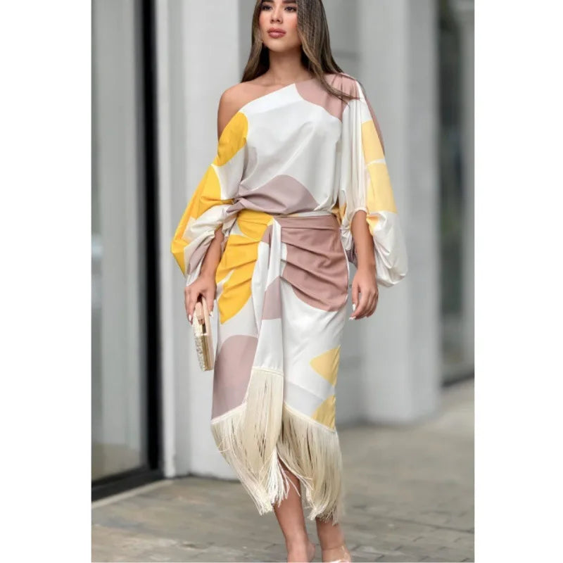 🍒Summer dress two piece set printed lantern sleeve top women with tassel hem and fitted a-line skirt smart casual wear party occasion outfit No Tossling With This Tassel