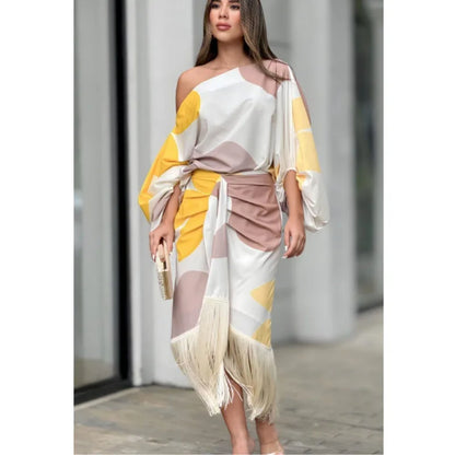 🍒Summer dress two piece set printed lantern sleeve top women with tassel hem and fitted a-line skirt smart casual wear party occasion outfit No Tossling With This Tassel