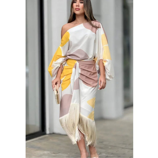 🍒Summer dress two piece set printed lantern sleeve top women with tassel hem and fitted a-line skirt smart casual wear party occasion outfit No Tossling With This Tassel