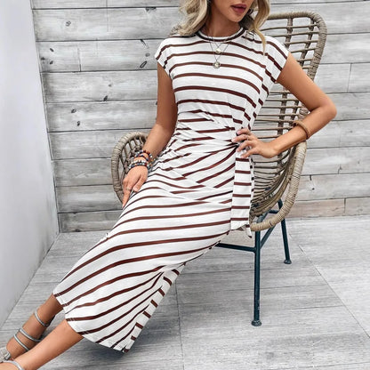 🍒Round neck striped dress long outfits for women summer fashion wear clothing high-end smart casual tie waist  outfit Play Smart And Look Smart In Smart Casual Stripes Sign This Line