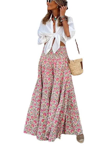 🍒Printed summer skirt boho summer fashions casual wear clothing beach party clothes loose a-line travel skirt elegant bohemian style wear Peacock In Pretty Pinks