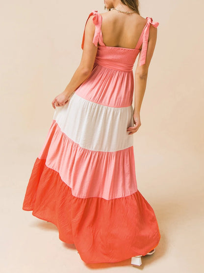 🍒Women’s tie shoulder dress summer sleeveless contrast colour outfit a-line long flowy summer wear female casual clothes Get On The BANDwagon With STRIPES