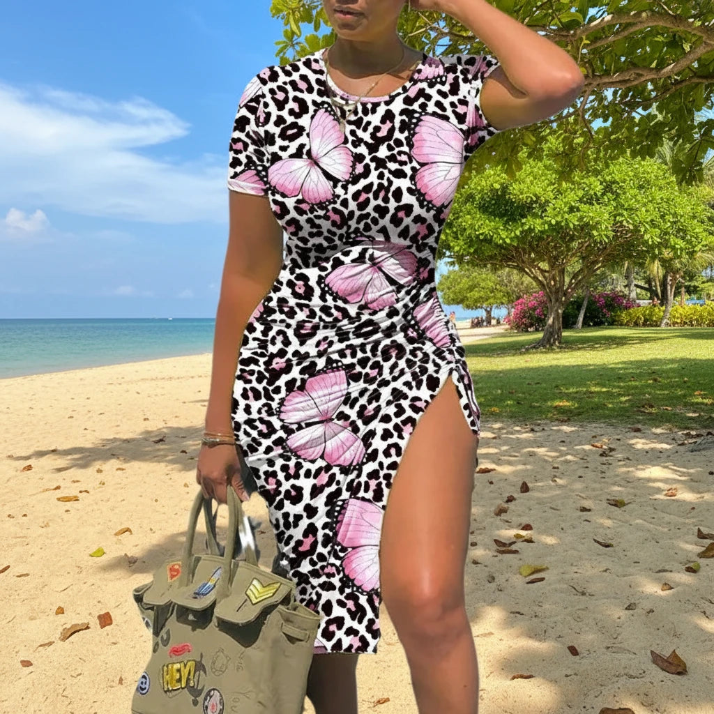 🍒Women's camouflage fashion leopard print drawstring dress with high slit summer/holiday clothing casual round neck outfit fitted knee length  Accommodate A Cool Camo