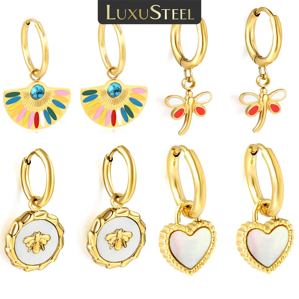 🍒Trendy jewellery stainless steel jewlry oil drip 18K gold plated hoop earrings butterfly shell bee heart earrings smart casual accessories