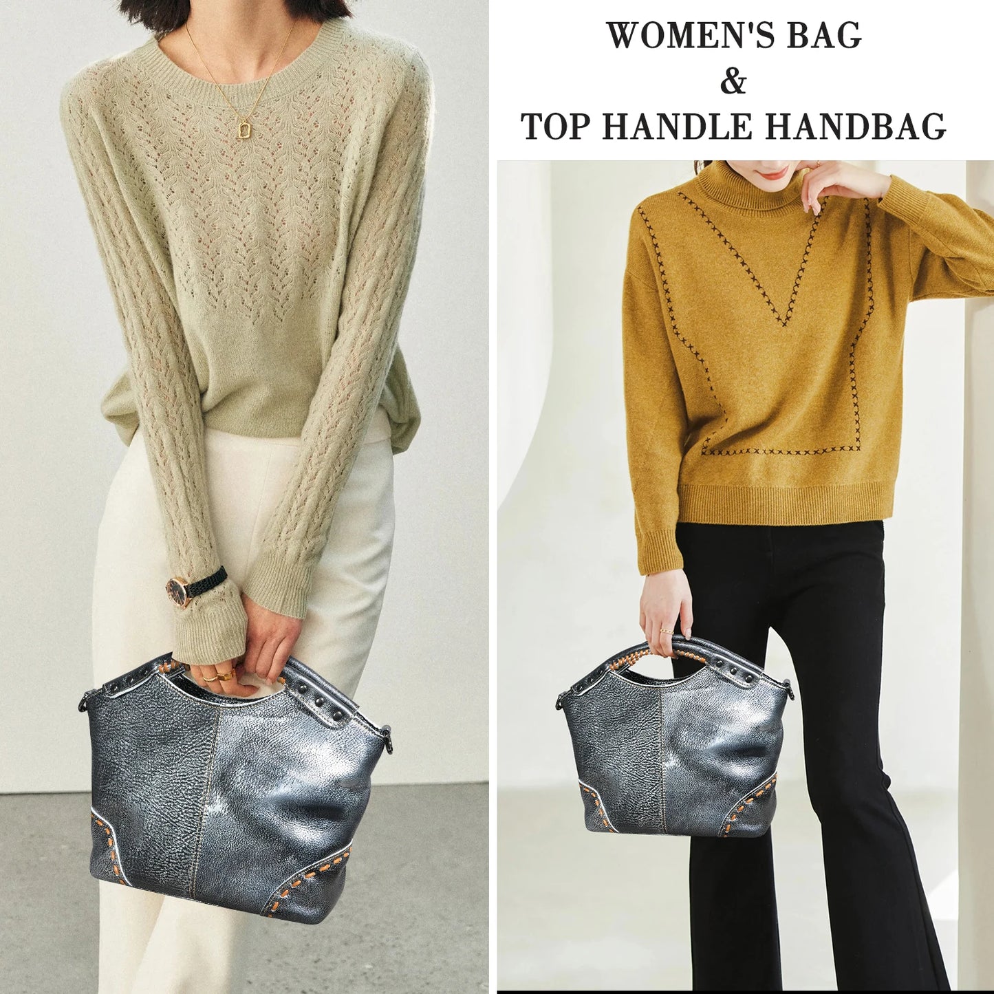 🍒genuine leather designer tote bags for women thick soft real leather luxury designer shopper bags tote purse with zipper grab bag leather silver crossbody bag Shine With Silver style Boast With Browns Back Up With Black