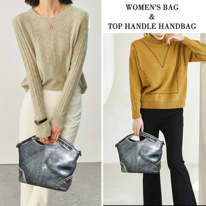 🍒genuine leather designer tote bags for women thick soft real leather luxury designer shopper bags tote purse with zipper grab bag leather silver crossbody bag Shine With Silver style Boast With Browns Back Up With Black