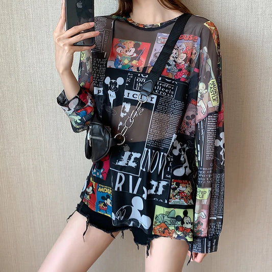 🍒Cartoon print full sleeve t-shirt casual tops trendy sun protection tee women sheer summer clothing simple beach wear for women Toon Into Toons