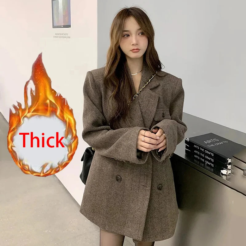 🍒Vintage brown blazer women autumn winter thick warm loose street wear jacket coats Y2K fashion chic double breasted Outerwear  You'll Wear This Out