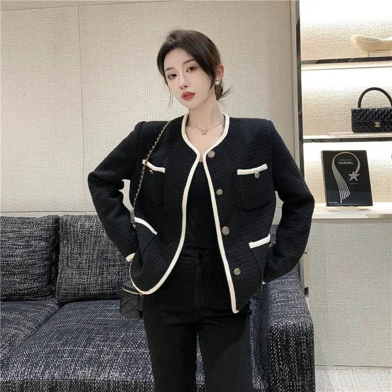 🍒Quilted lining jacket womens designer o-neck contrast tweed top Loose Fashion Versatile Coat Women Channel Likes This So Will You