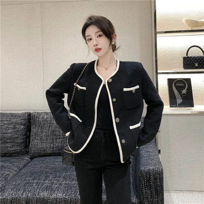 🍒Quilted lining jacket womens designer o-neck contrast tweed top Loose Fashion Versatile Coat Women Channel Likes This So Will You