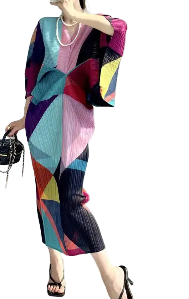 🍒Pleated batwing sleeves dress for women's high end fashion and relaxed printed v-neck holiday wear party occasion plisse clothing multi colour outfit Bag A Batwing