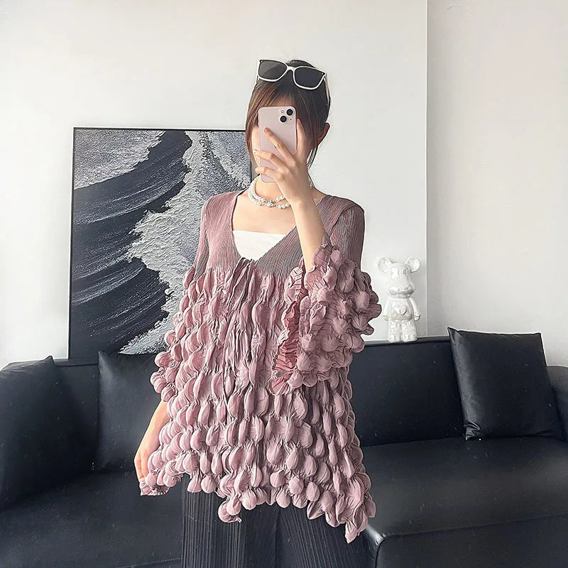 🍒Bubble sleeve pleated top with wrinkle tie strings top v neck design solid colour loose t-shirt smart casual clothes Bump Up Your Fashion