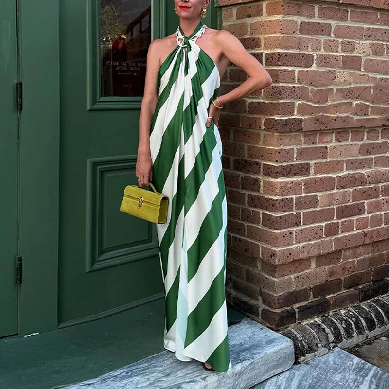 🍒Halter striped dress for holiday chic pleated backless outfits sleeveless summer wear party occasion clothing Eat Your Greens In Your Dinner Dress Green