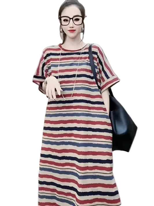 🍒Striped t-shirt dress A- line knee length outfit plus size slimming clothes for plus size women spring summer fashion   Stripe A- Pose