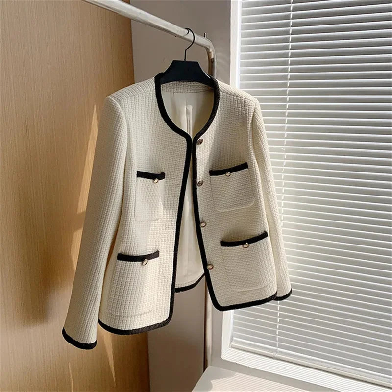 🍒Quilted lining jacket womens designer o-neck contrast tweed top Loose Fashion Versatile Coat Women Channel Likes This So Will You