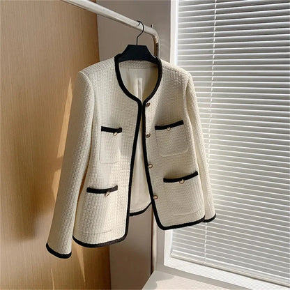 🍒Quilted lining jacket womens designer o-neck contrast tweed top Loose Fashion Versatile Coat Women Channel Likes This So Will You