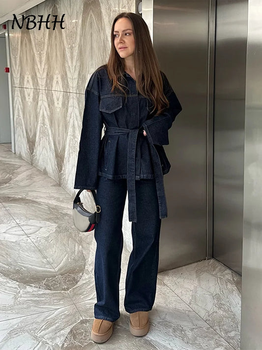 🍒Belt denim Jacket and Pants Sets shirt style jacket women butt up coat and straight trousers suit loose autumn Ladies outfits Dressy Denim