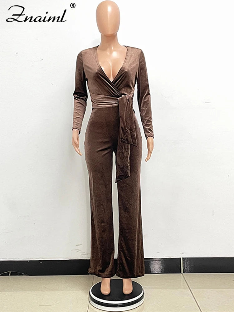 🍒 Velvet jumpsuit black and colours women's autumn winter v- neck jumpsuit outfit solid colour long flare leg one piece office lady clothing