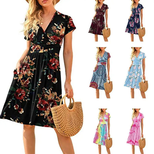 🍒Printed v-neck a-line short sleeve dress floral with high waist over knee outfits for summer womens fashion clothing beachwear holiday clothing A Bunch Of Beautiful Florals