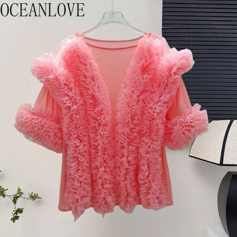 🍒 Mesh ruffle blouse solid color spring summer shirts women elegant fancy occasion tops sweet party fashion vintage clothing v- neck Fluff up In A Ruffy Fluffy