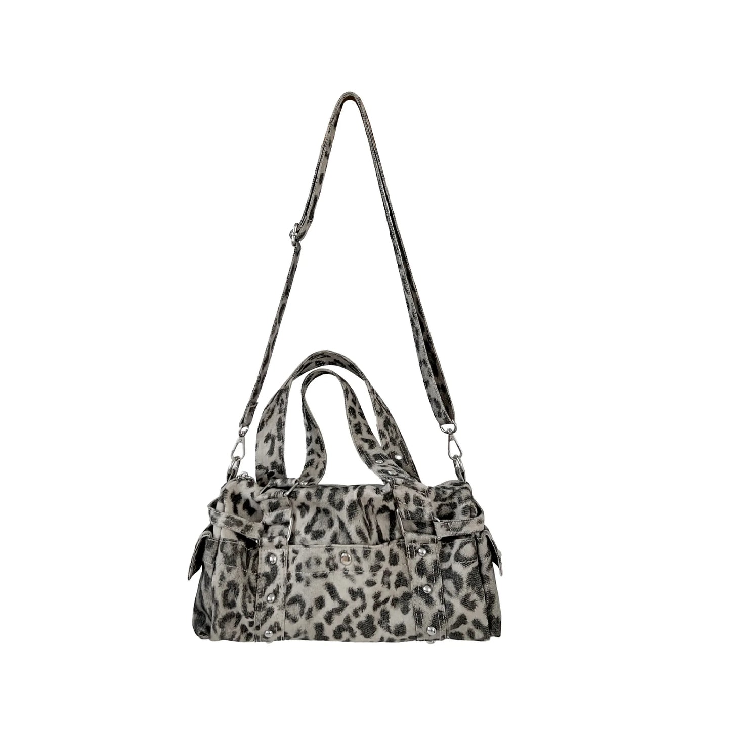 🍒Vintage leopard handbag rivet bag motorcycle barrel shaped crossbody bag boston casual female shoulder fashion totes  Jump On This Animal Its Barrels Of Fun