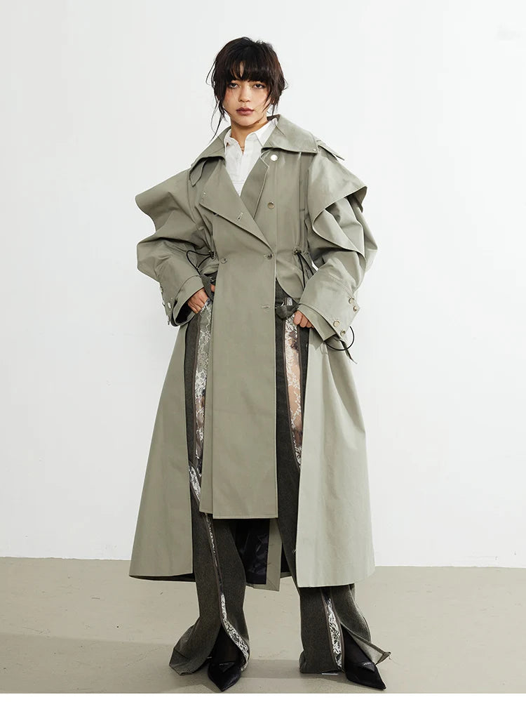 🍒Long oversized trench coat elegant ruffled outerwear for women double breasted luxury designer overcoat runway fashion  Trendy Travel Trench Classic Comfort