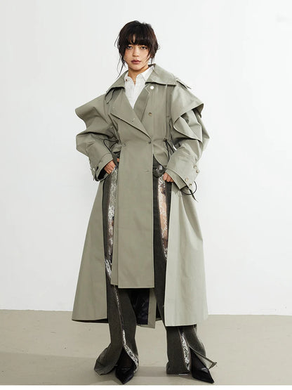 🍒Long oversized trench coat elegant ruffled outerwear for women double breasted luxury designer overcoat runway fashion  Trendy Travel Trench Classic Comfort