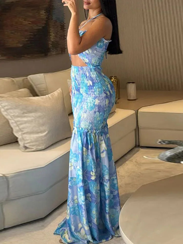 🍒Womens printed long dress ruched backless sleeveless summer outfit ruffle dresses party vacation wear   BRA-vo To FLOOR-al Beauty