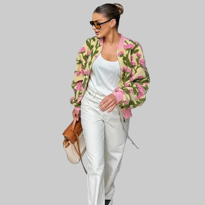 🍒Floral fleece bomber jacket women smart casual elegant stand collar bomber embroidery long sleeve zip up short coat spring outerwear 3D clothing  Fab Fleece Flowery Fashion Fun